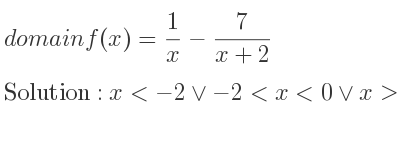 The domain of f(x)= 1/x-7/(x+2) is x<-2\lor-2<x<0\lor x>0